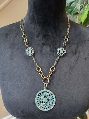Women's Gold-Tone Blue Filigree 3-Medallion Pendant Necklace with Lobster Clasp